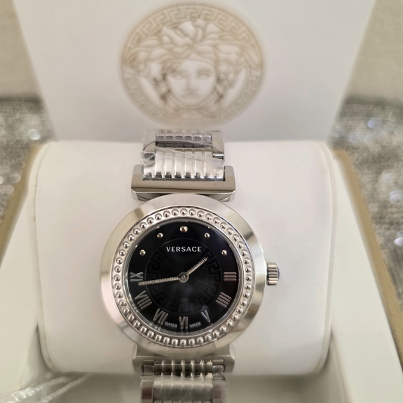 NEW Versace Swiss Made Stainless Black Dial Silver Bracelet Women's Wristwatch
